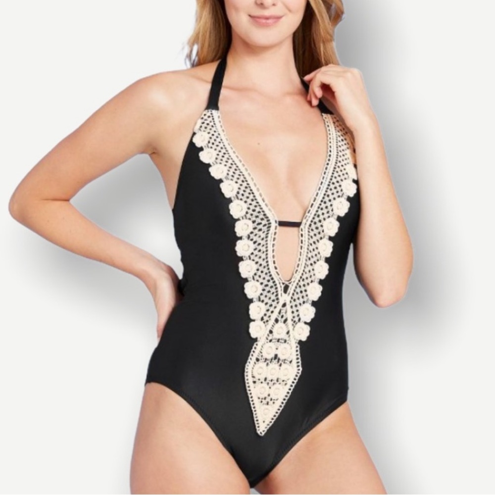 KONA SOL | 🖤🍦Black Cream Lace Trim Tie-Neck One-Piece Bathing Swimsuit